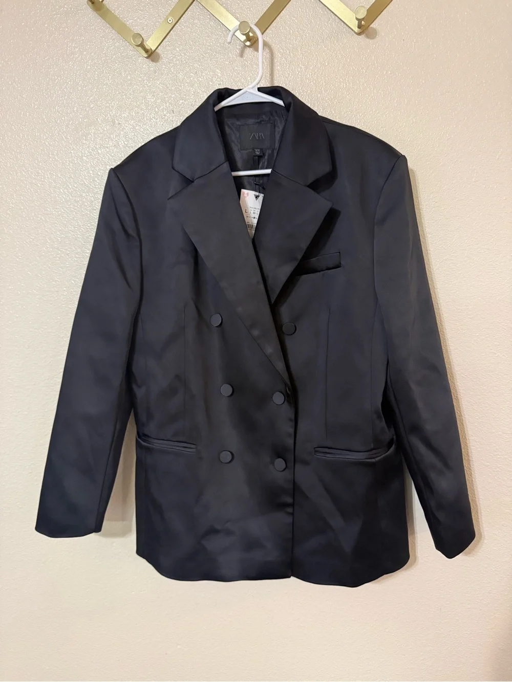 Zara Oversized Black Satin Structured Double Breasted Long Blazer Jacket NEW